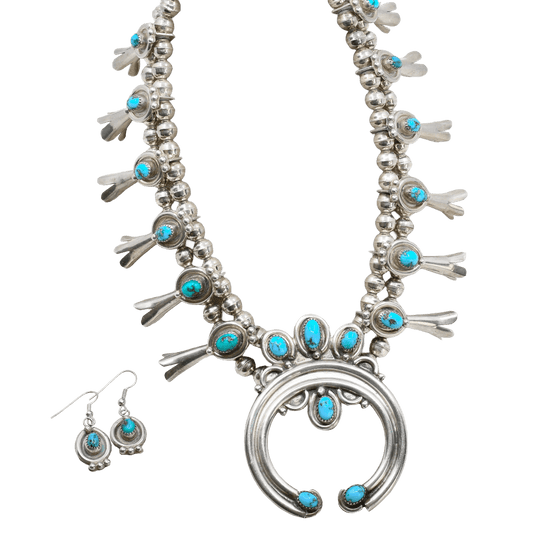 Vintage Navajo Silver And Turquoise Squash Blossom Necklace and Earring Set - Turquoise & Tufa