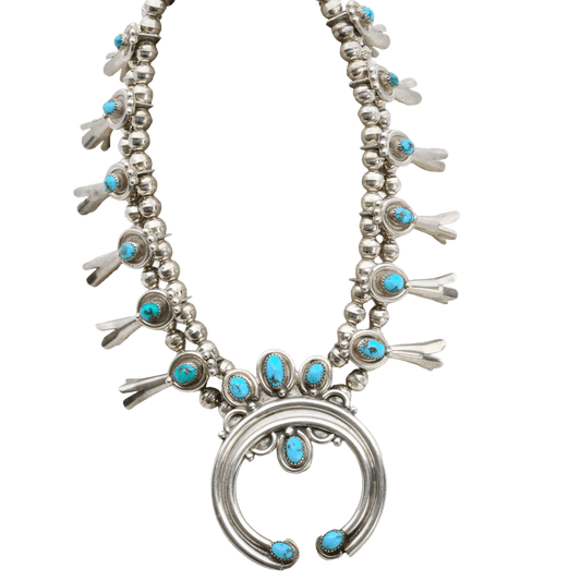 Vintage Navajo Silver And Turquoise Squash Blossom Necklace and Earring Set - Turquoise & Tufa