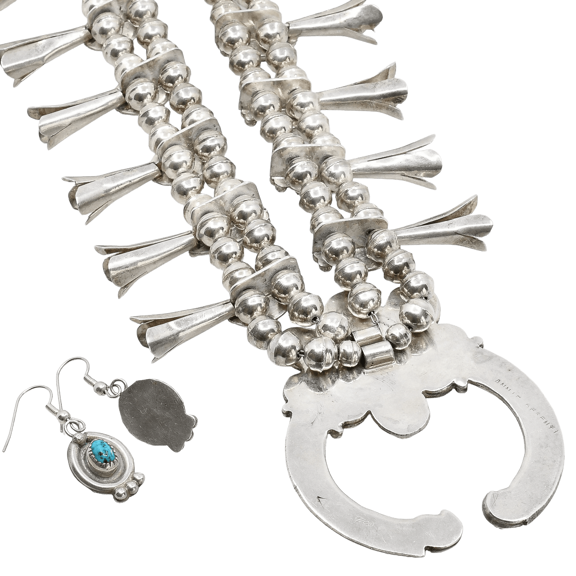 Vintage Navajo Silver And Turquoise Squash Blossom Necklace and Earring Set - Turquoise & Tufa