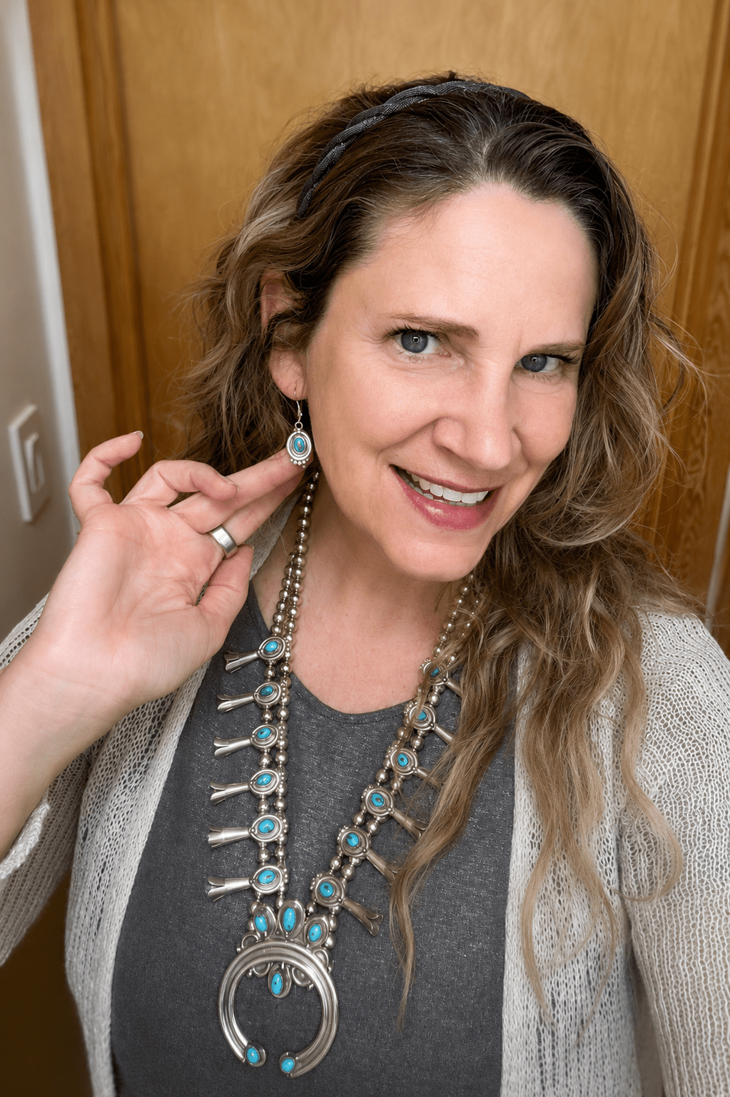 Vintage Navajo Silver And Turquoise Squash Blossom Necklace and Earring Set - Turquoise & Tufa