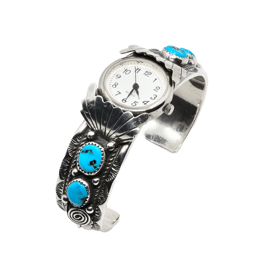 Vintage Navajo Silver and Turquoise Watch Cuff - Turquoise & Tufa