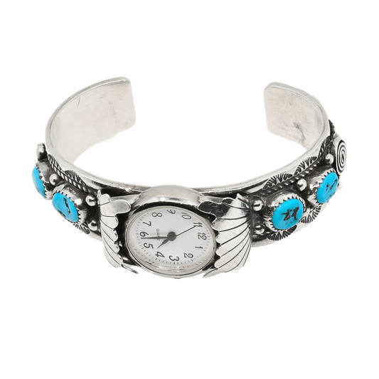 Vintage Navajo Silver and Turquoise Watch Cuff - Turquoise & Tufa