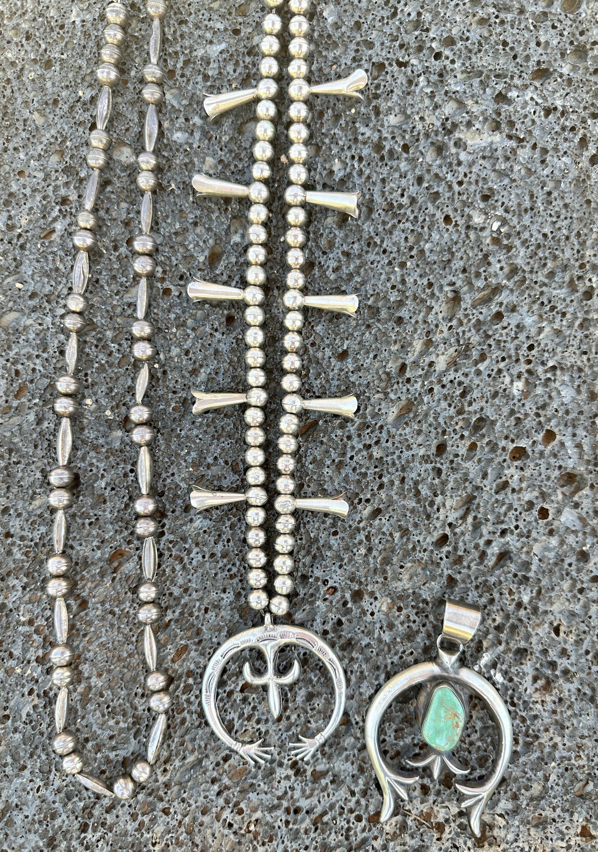 Vintage Navajo Silver Bead Necklace With Torpedo Beads - Turquoise & Tufa