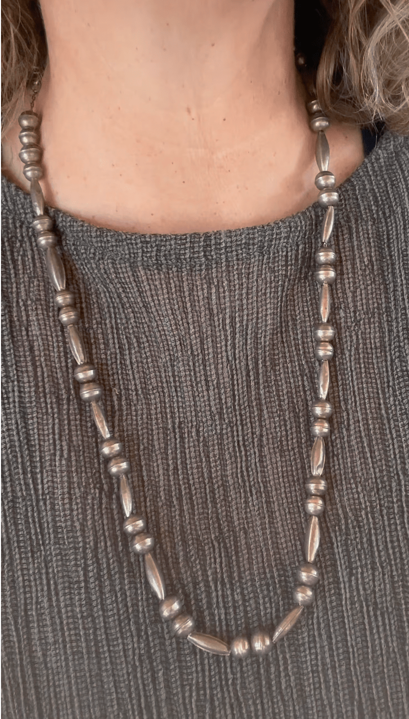 Vintage Navajo Silver Bead Necklace With Torpedo Beads - Turquoise & Tufa