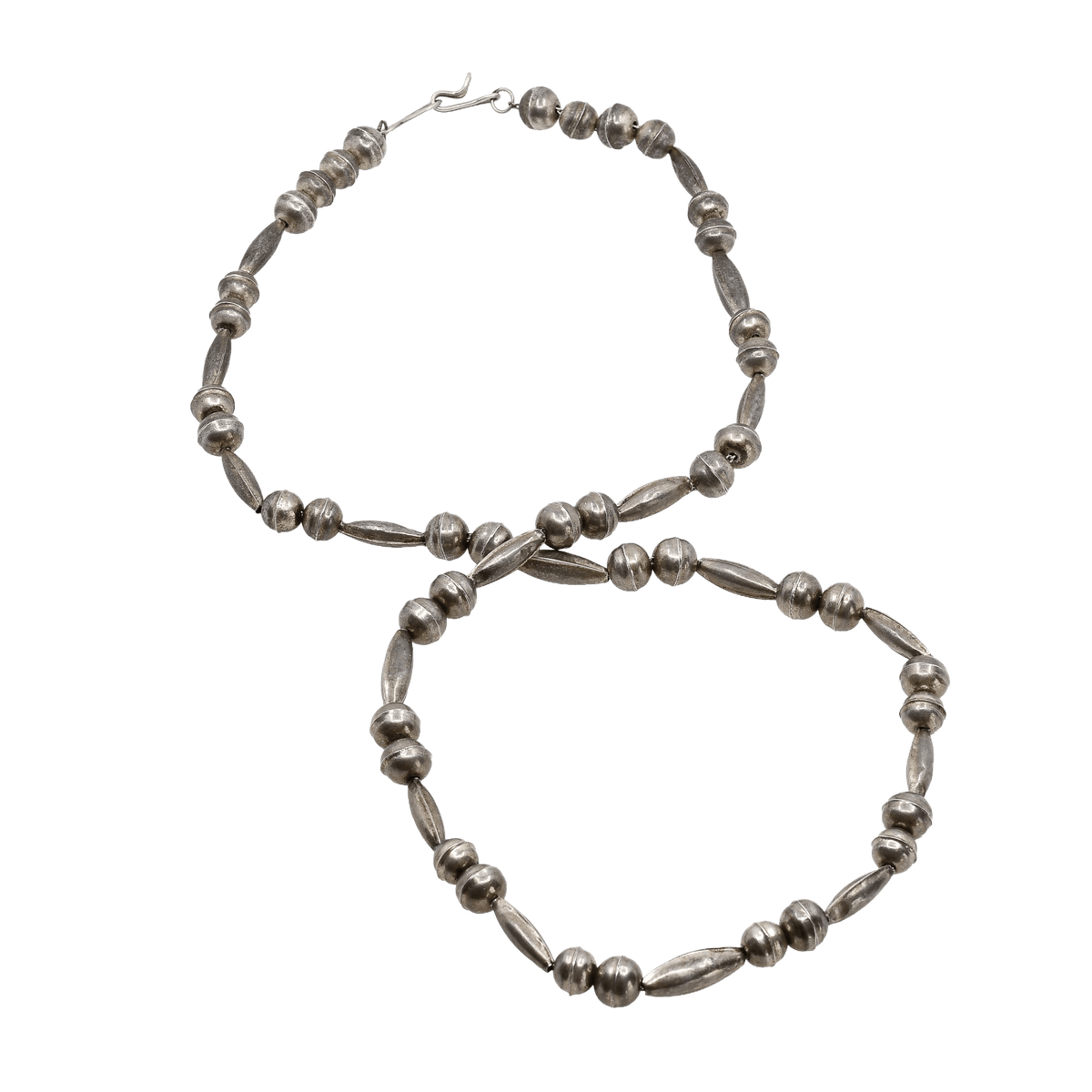 Vintage Navajo Silver Bead Necklace With Torpedo Beads - Turquoise & Tufa