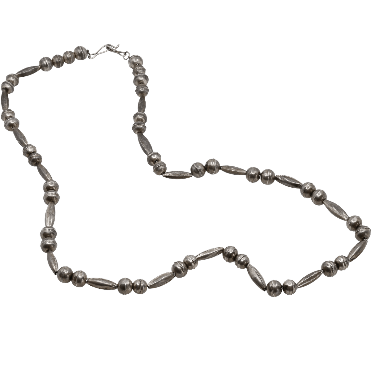 Vintage Navajo Silver Bead Necklace With Torpedo Beads - Turquoise & Tufa