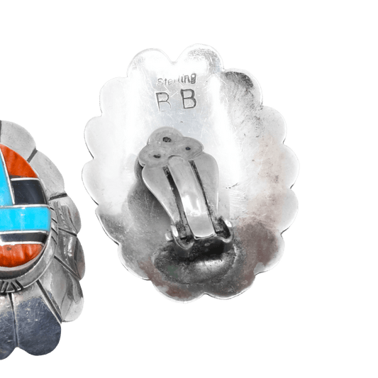 Vintage Navajo Silver Multi Stone Inlay Earrings Clips - Turquoise & Tufa