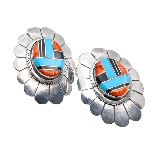 Vintage Navajo Silver Multi Stone Inlay Earrings Clips - Turquoise & Tufa