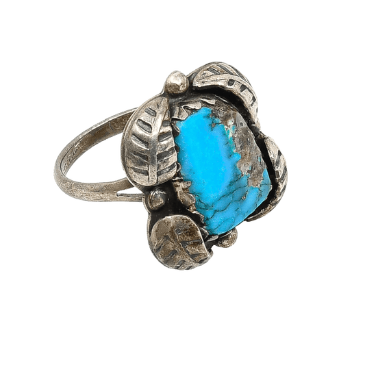 Vintage Navajo Silver Ring With Single Turquoise Stone and Leaf Work - Turquoise & Tufa