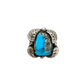 Vintage Navajo Silver Ring With Single Turquoise Stone and Leaf Work - Turquoise & Tufa