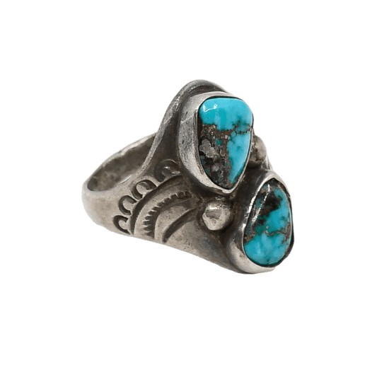 Vintage Navajo Silver Ring With Turquoise and Stamp Work - Turquoise & Tufa