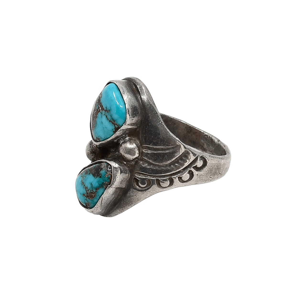 Vintage Navajo Silver Ring With Turquoise and Stamp Work - Turquoise & Tufa