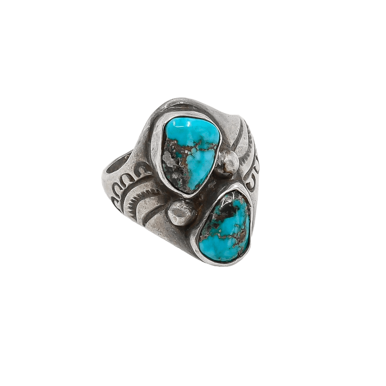 Vintage Navajo Silver Ring With Turquoise and Stamp Work - Turquoise & Tufa