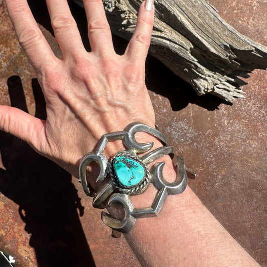 Vintage Navajo Silver Sand Cast Bracelet With Turquoise Stone - Turquoise & Tufa