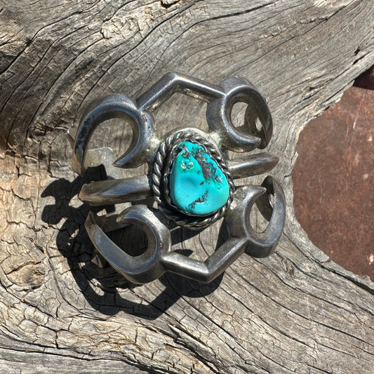Vintage Navajo Silver Sand Cast Bracelet With Turquoise Stone - Turquoise & Tufa