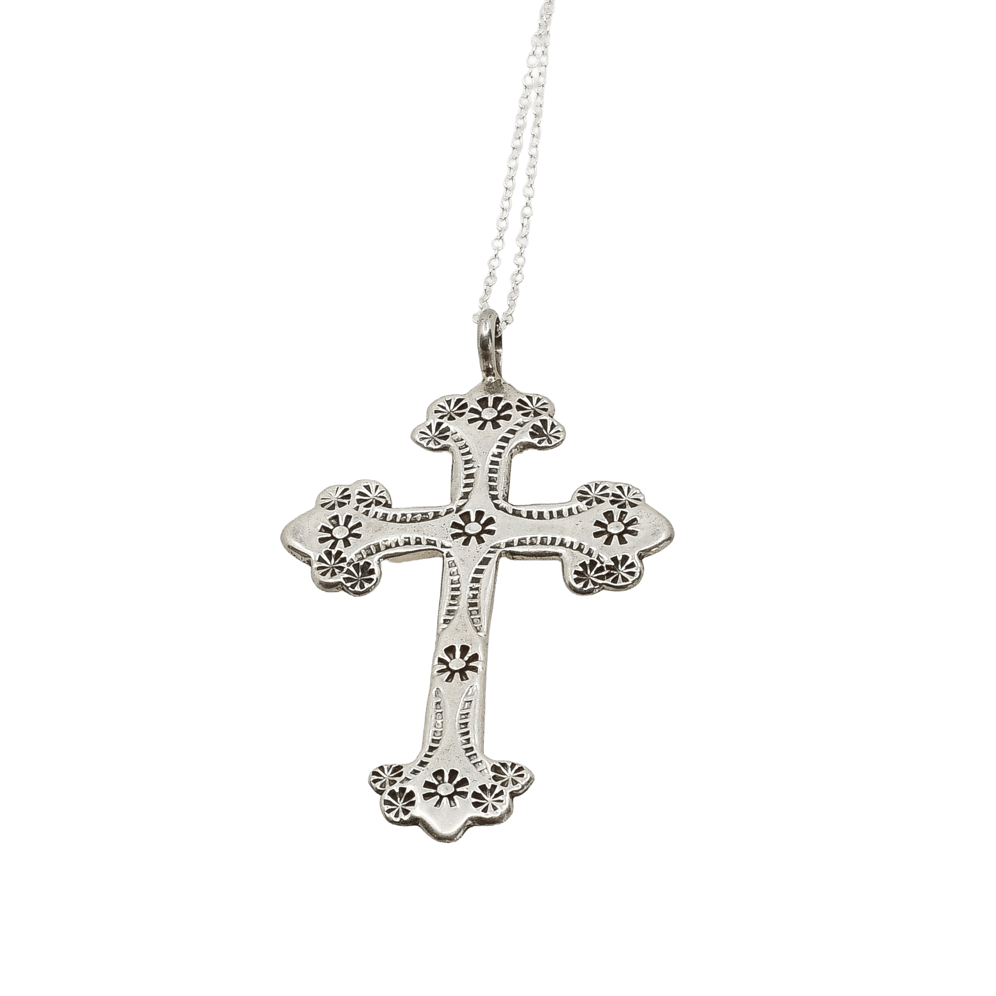 Vintage Navajo Silver Stamped Cross Pendant - Turquoise & Tufa