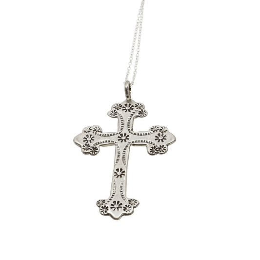 Vintage Navajo Silver Stamped Cross Pendant - Turquoise & Tufa
