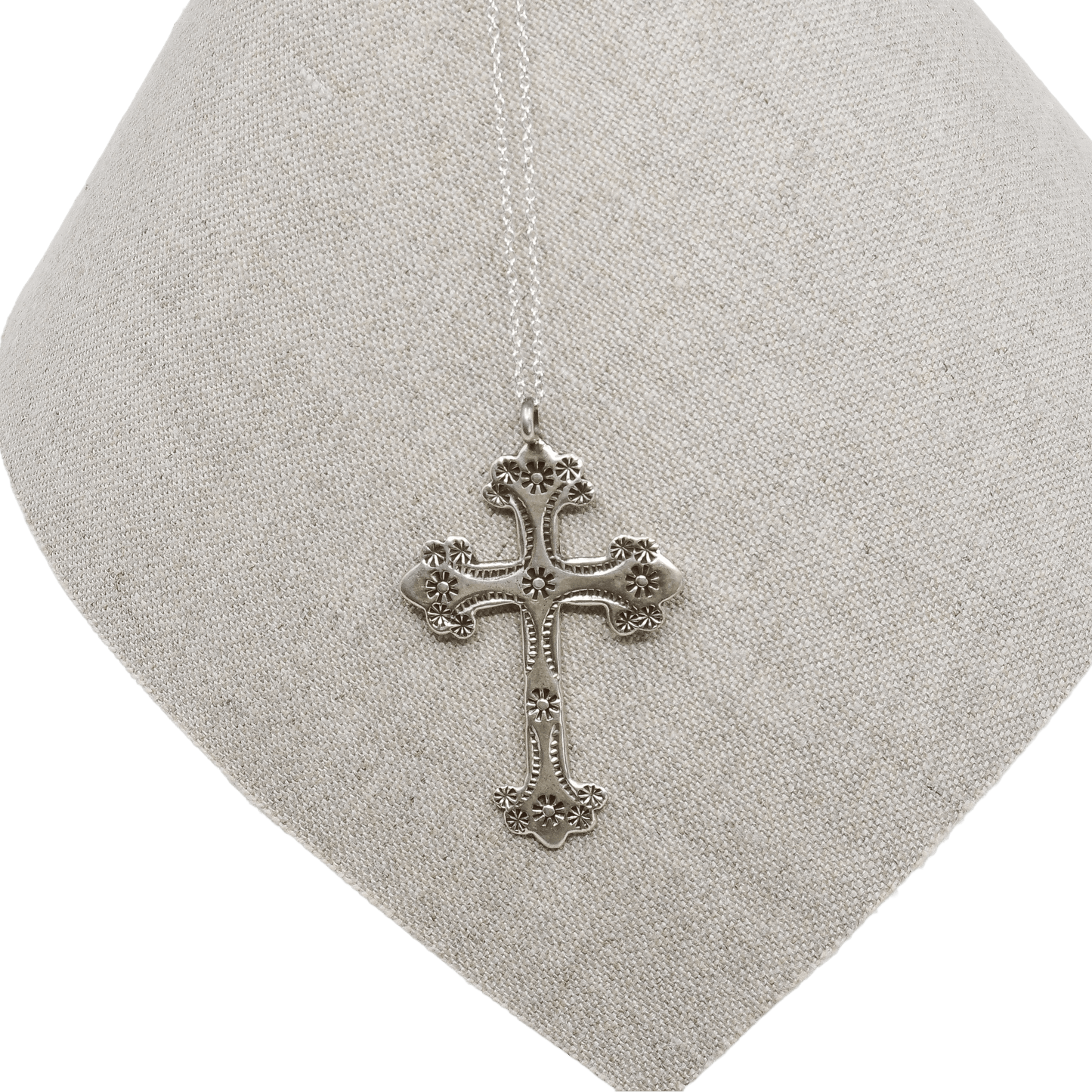 Vintage Navajo Silver Stamped Cross Pendant - Turquoise & Tufa