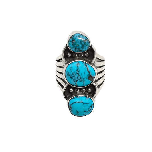 Vintage Navajo Three Stone Turquoise Ring - Turquoise & Tufa