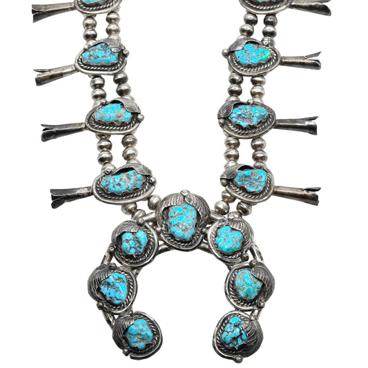 Vintage Navajo Turquoise Nugget Squash Blossom Necklace - Turquoise & Tufa