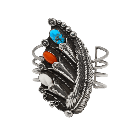 Vintage Navajo Wide Silver Cuff With Floral Turquoise Coral and Leaf Work - Turquoise & Tufa