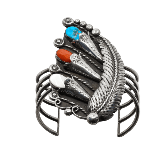Vintage Navajo Wide Silver Cuff With Floral Turquoise Coral and Leaf Work - Turquoise & Tufa