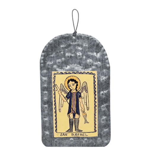 Vintage New Mexican Punched Tin Retablo of San Rafael - Turquoise & Tufa