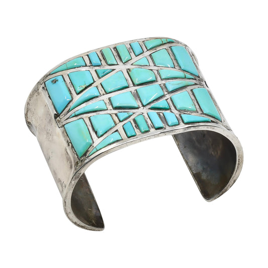 Vintage Pueblo Bracelet of Raised Geometric Turquoise Inlay - Turquoise & Tufa
