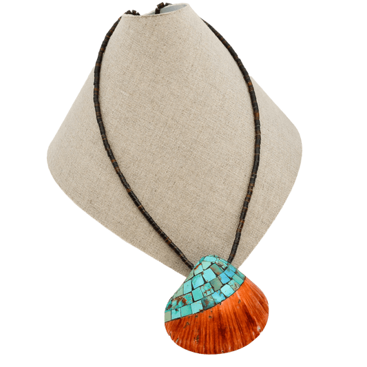 Vintage Pueblo Necklace Of Inlay Spiny Oyster Shell Necklace With Turquoise Inlay - Turquoise & Tufa