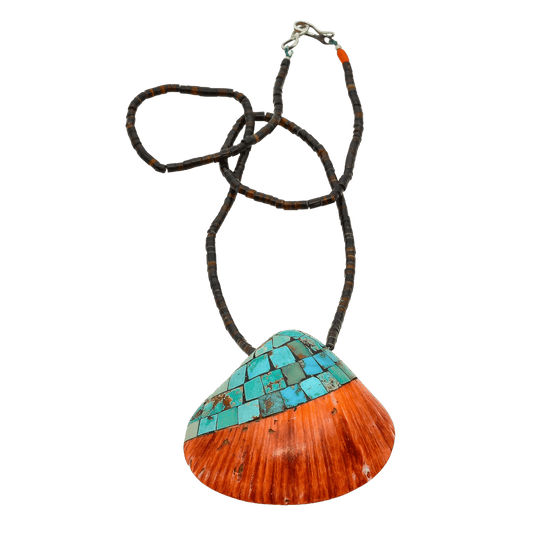 Vintage Pueblo Necklace Of Inlay Spiny Oyster Shell Necklace With Turquoise Inlay - Turquoise & Tufa