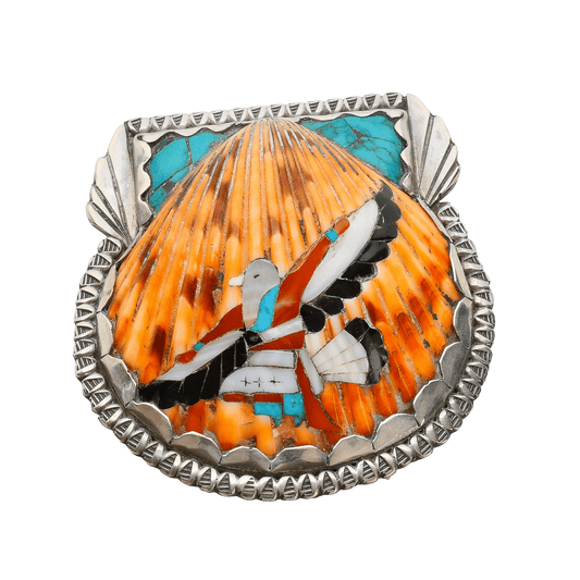 Vintage Pueblo Spiny Oyster Shell Pin Pendant With Inlay Eagle Dancer - Turquoise & Tufa