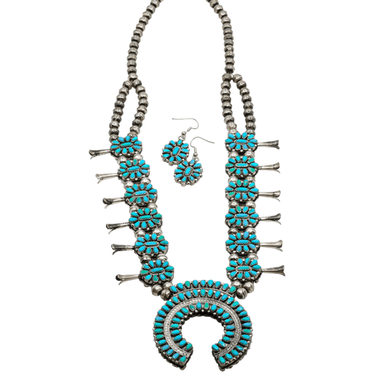 Vintage Reversible Squash Blossom Necklace and Earring Set Turquoise & Coral - Turquoise & Tufa