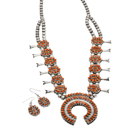 Vintage Reversible Squash Blossom Necklace and Earring Set Turquoise & Coral - Turquoise & Tufa