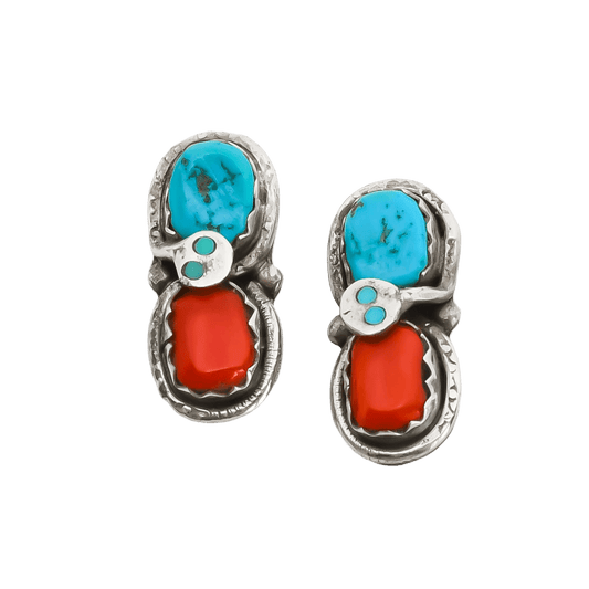 Vintage Snake Earrings By Effie Calavaza Set With Turquoise and Coral - Turquoise & Tufa