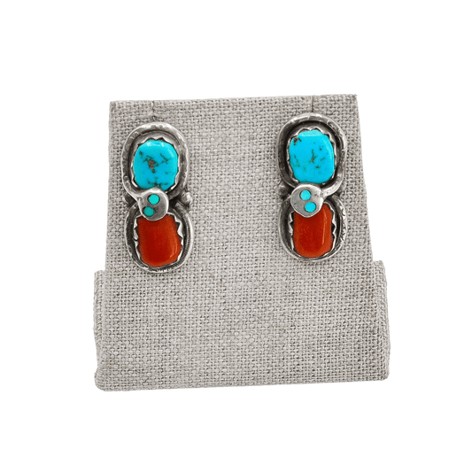 Vintage Snake Earrings By Effie Calavaza Set With Turquoise and Coral - Turquoise & Tufa
