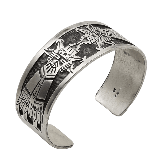Vintage Sterling SIlver Hopi Overlay Bracelet of Salako Mana and Taka - Turquoise & Tufa