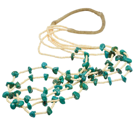 Vintage Three Strand Melon Shell Necklace With Turquoise Nuggets - Turquoise & Tufa