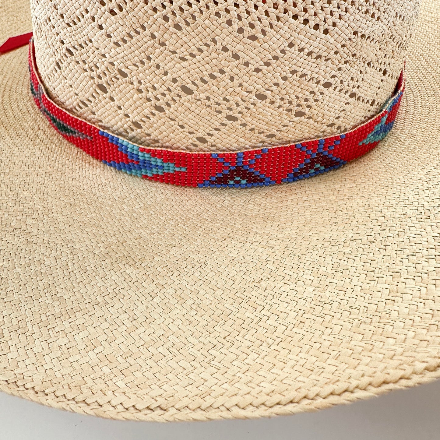 Vintage Thunderbird Hat Band of Red and Blue Seed Beads With Satin Ribbon - Turquoise & Tufa