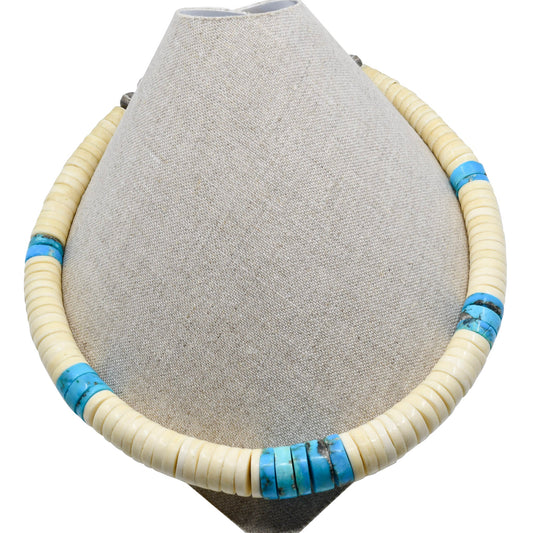 Vintage Turquoise and Shell Necklace From Santo Domingo Pueblo - Turquoise & Tufa