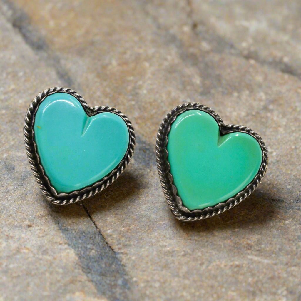 Vintage Turquoise and Silver Heart Earrings - Turquoise & Tufa