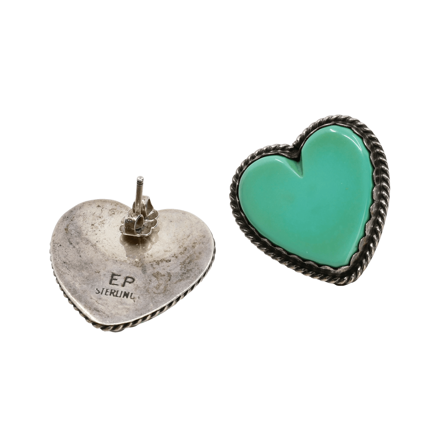 Vintage Turquoise and Silver Heart Earrings - Turquoise & Tufa