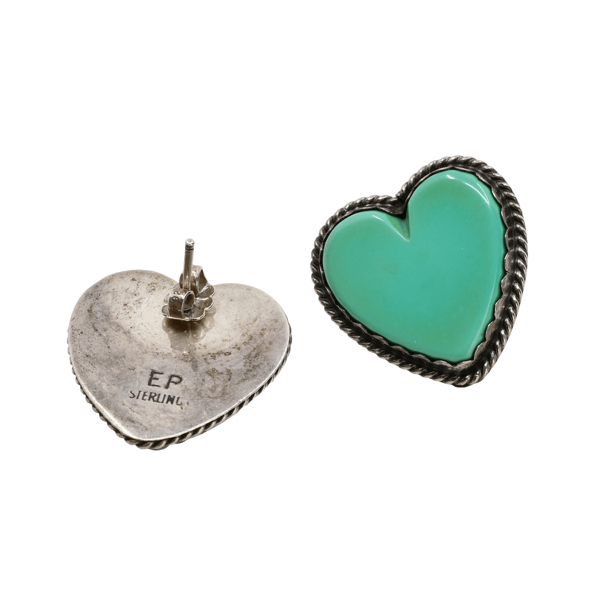 Vintage Turquoise and Silver Heart Earrings - Turquoise & Tufa