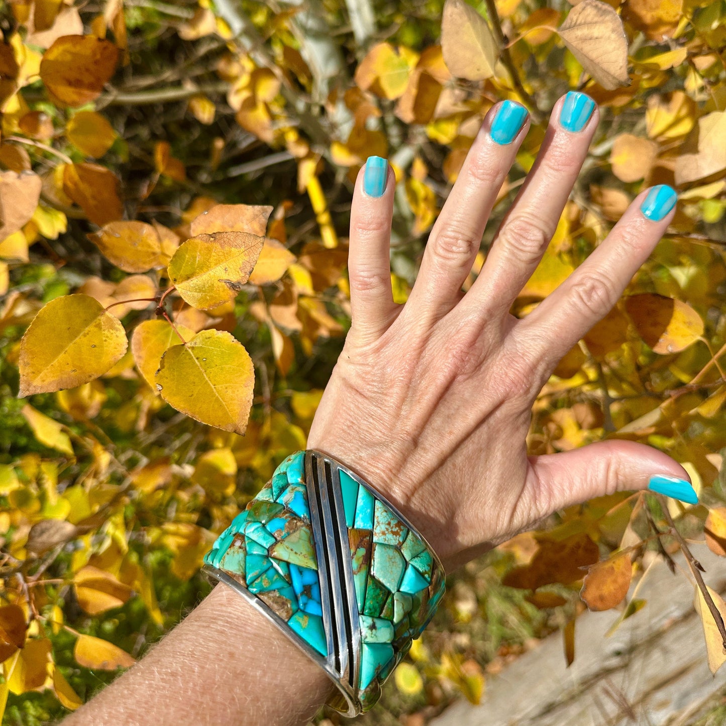 Vintage Turquoise Cobblestone Mosaic Inlay Bracelet - Turquoise & Tufa