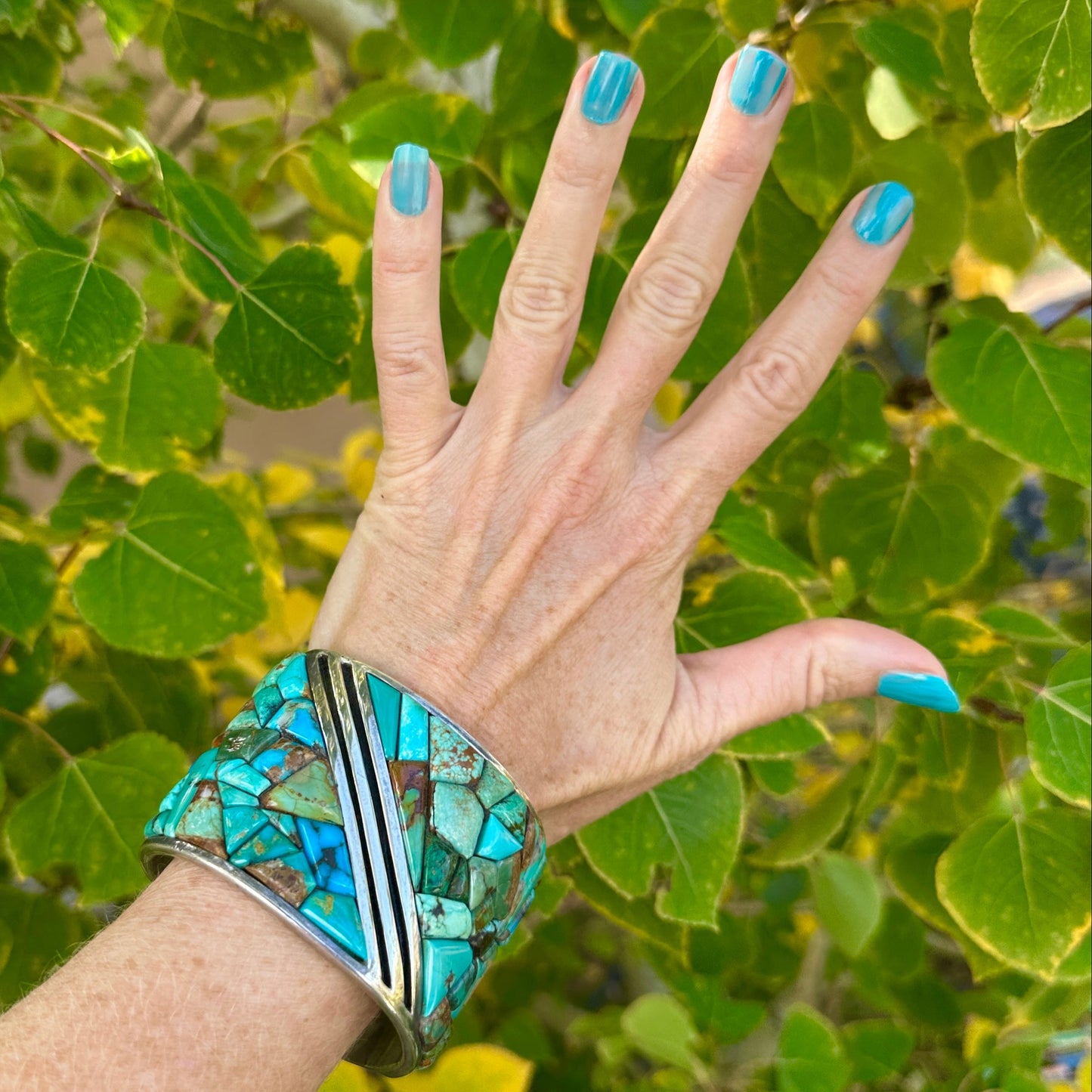 Vintage Turquoise Cobblestone Mosaic Inlay Bracelet - Turquoise & Tufa