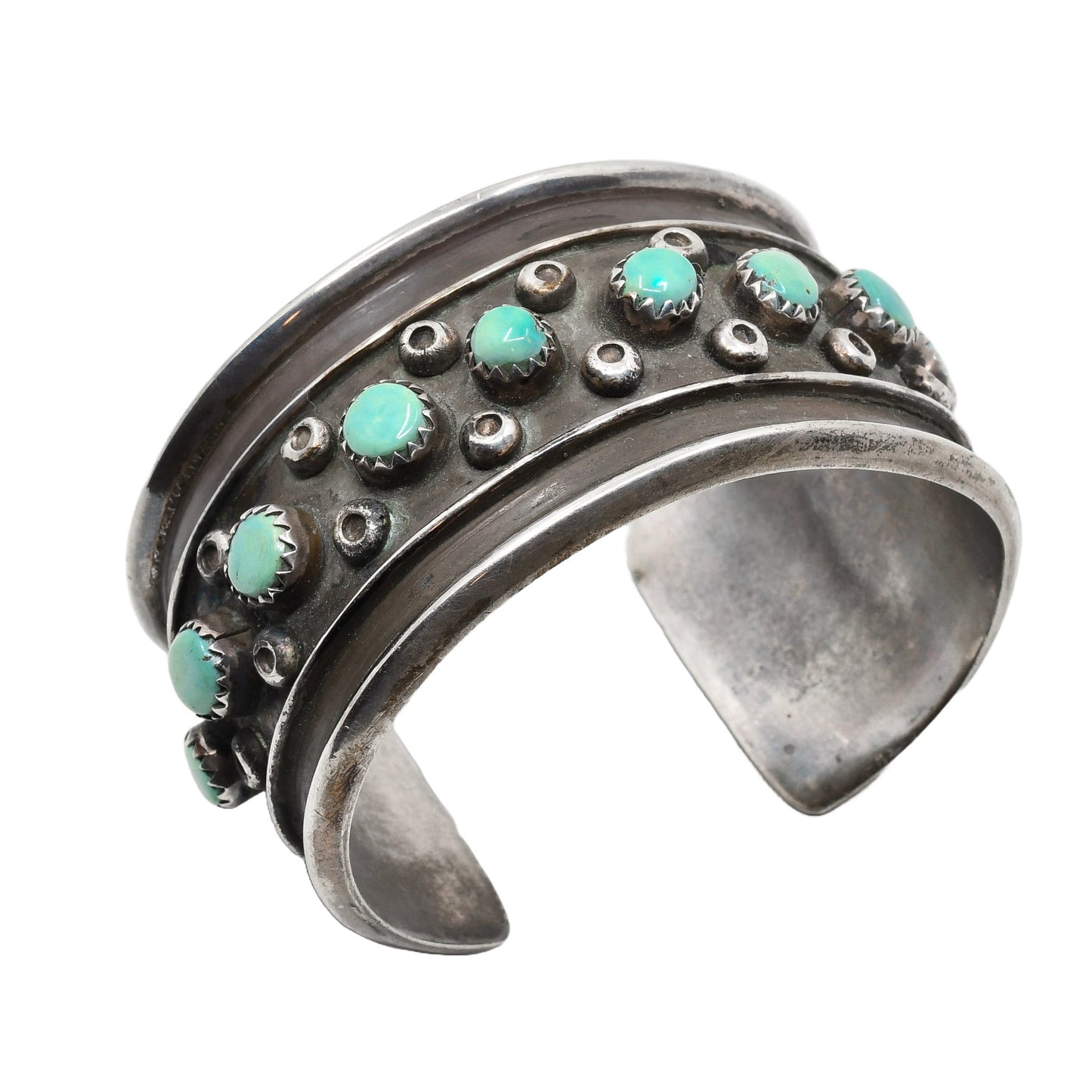 Vintage Wide Turquoise and Silver Cuff Bracelet With Tiny Silver Beads - Turquoise & Tufa