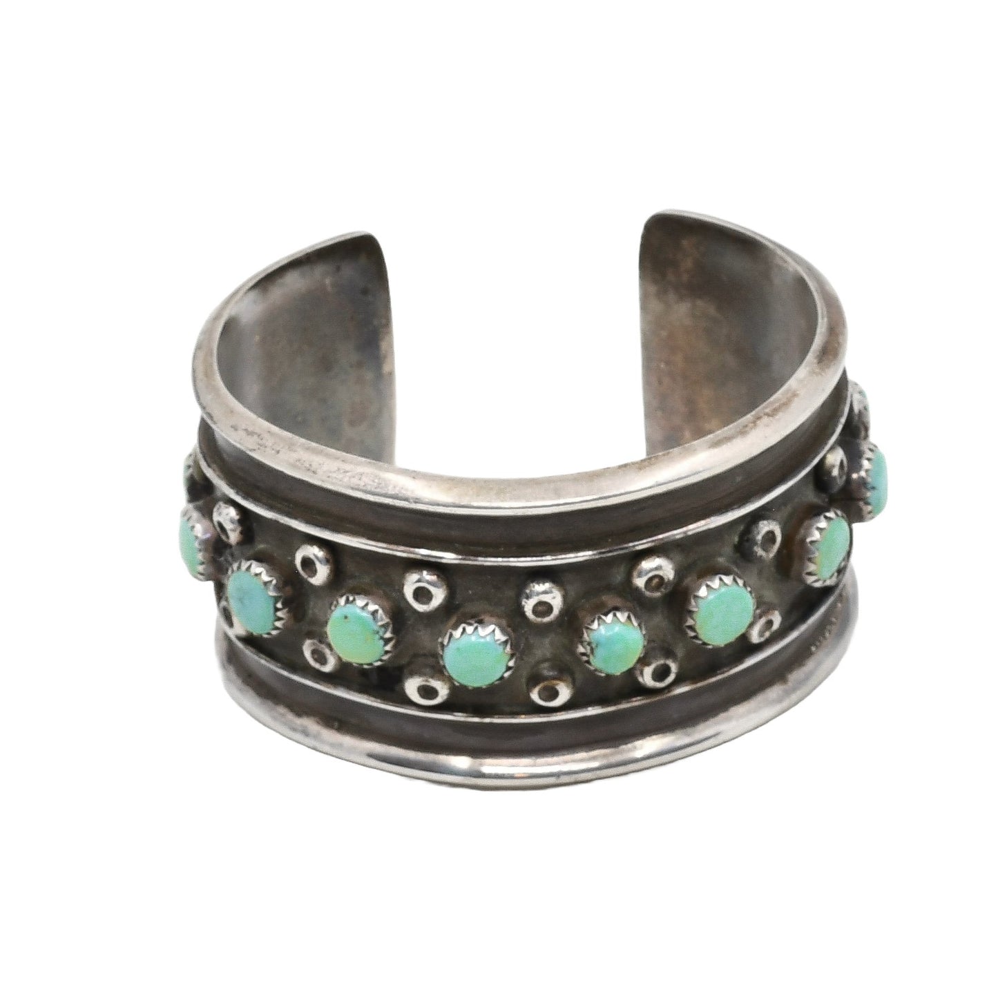 Vintage Wide Turquoise and Silver Cuff Bracelet With Tiny Silver Beads - Turquoise & Tufa