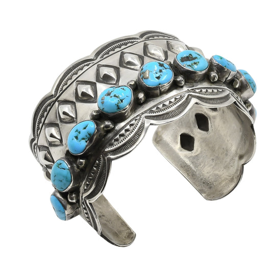 Vintage Wilbert Benally Bracelet of Turquoise and Silver Repousse - Turquoise & Tufa