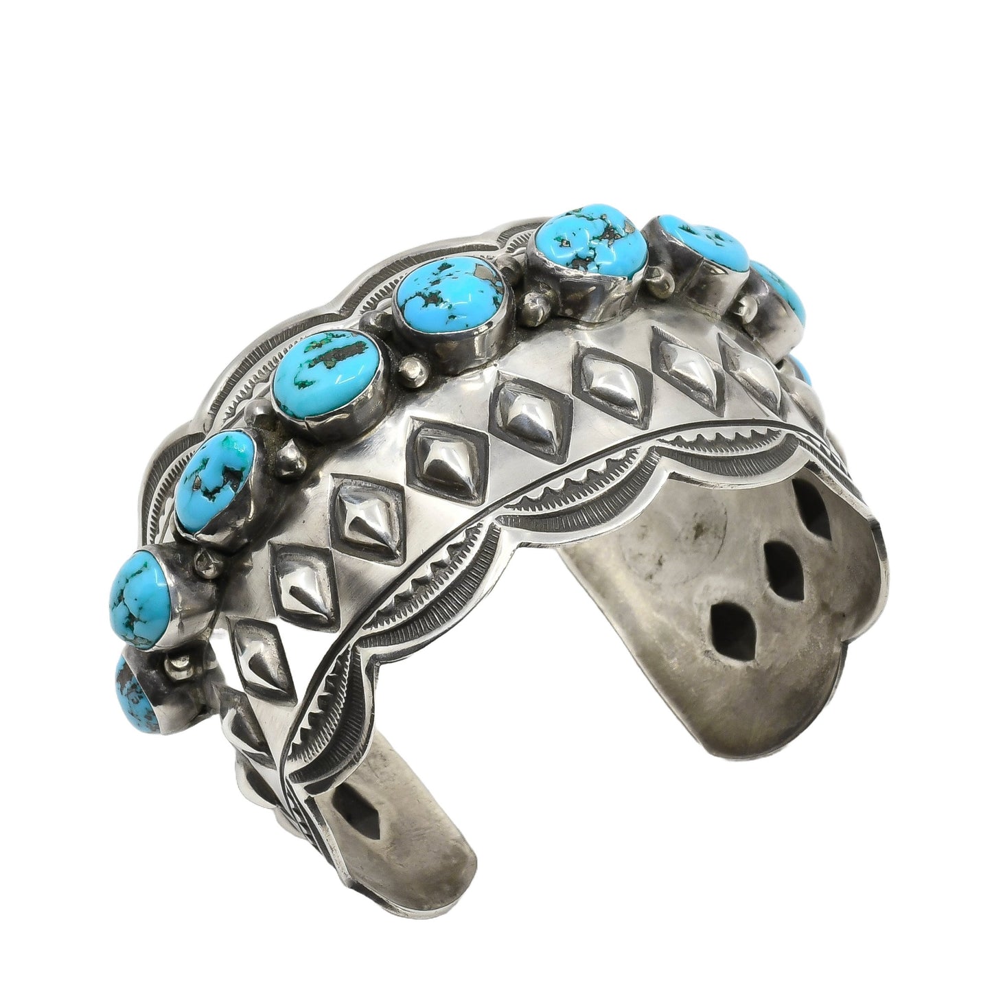 Vintage Wilbert Benally Bracelet of Turquoise and Silver Repousse - Turquoise & Tufa