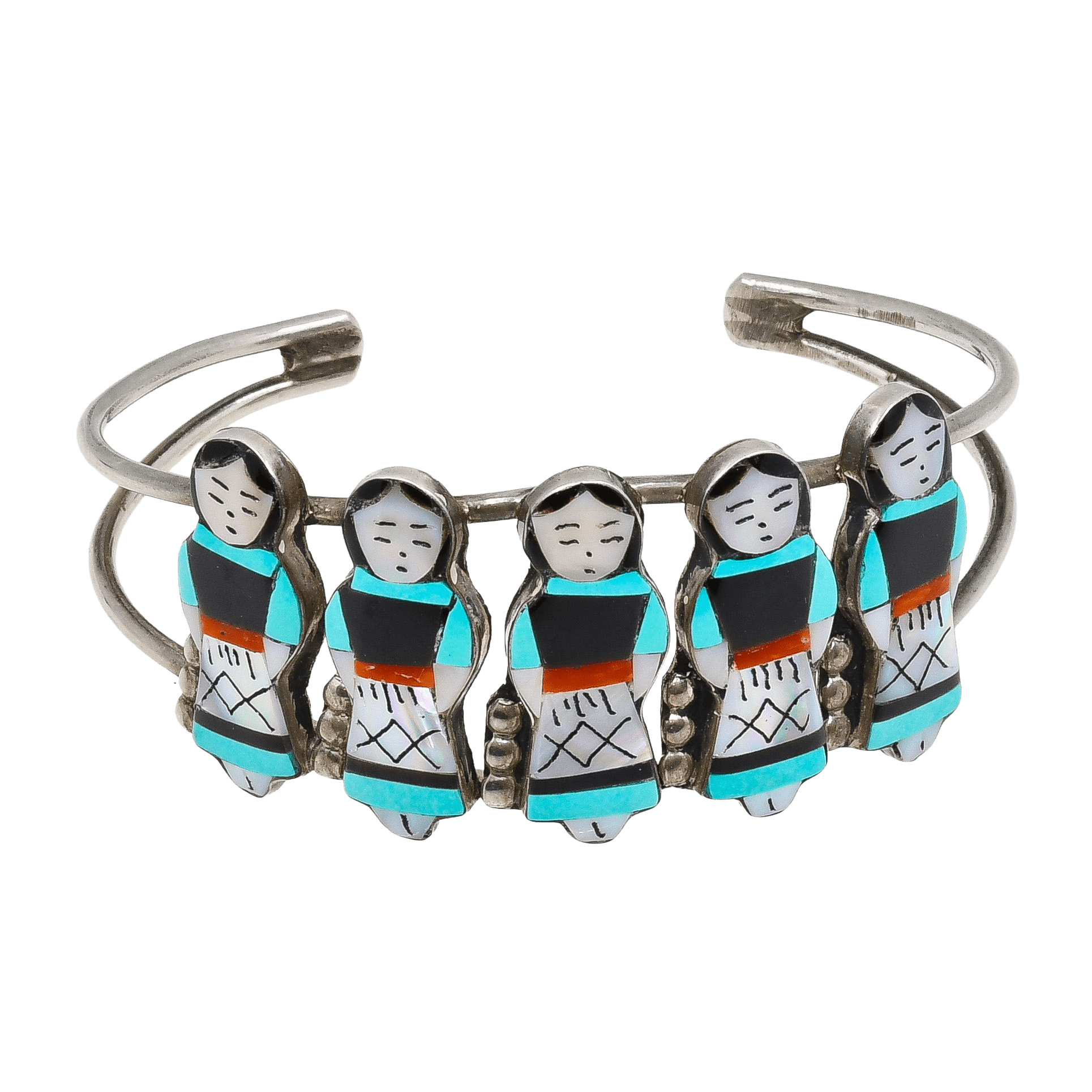 Vintage Zuni Bracelet of Inlay Maidens by Theresa Waseta - Turquoise & Tufa