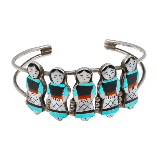 Vintage Zuni Bracelet of Inlay Maidens by Theresa Waseta - Turquoise & Tufa